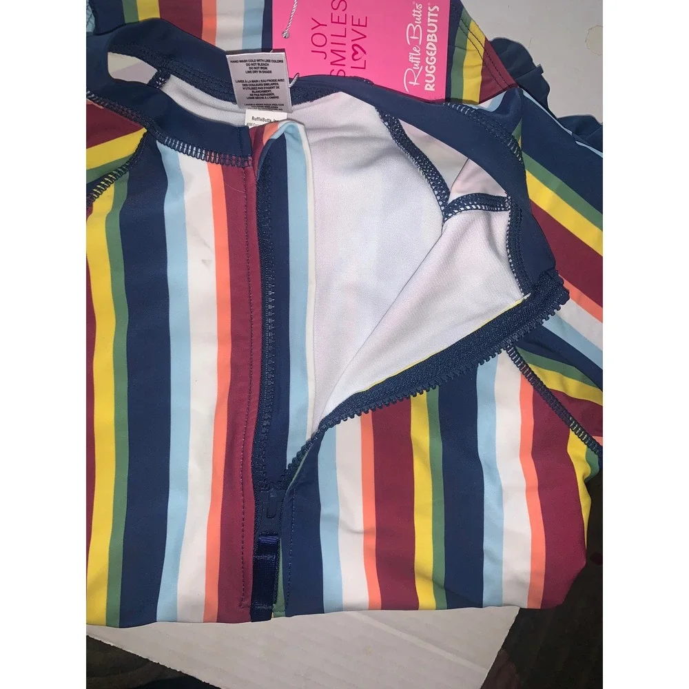 RuffleButts Girls Sunset Stripe LS One Piece Rash Guard Swim 16 NEW - flaws